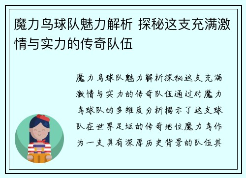 魔力鸟球队魅力解析 探秘这支充满激情与实力的传奇队伍 魔力鸟球队魅力解析 探秘这支充满激情与实力的传奇队伍