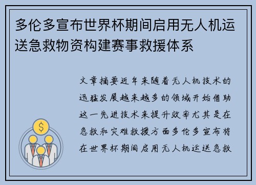 多伦多宣布世界杯期间启用无人机运送急救物资构建赛事救援体系