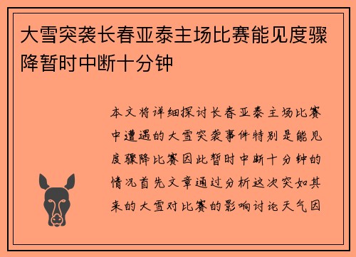 大雪突袭长春亚泰主场比赛能见度骤降暂时中断十分钟 大雪突袭长春亚泰主场比赛能见度骤降暂时中断十分钟